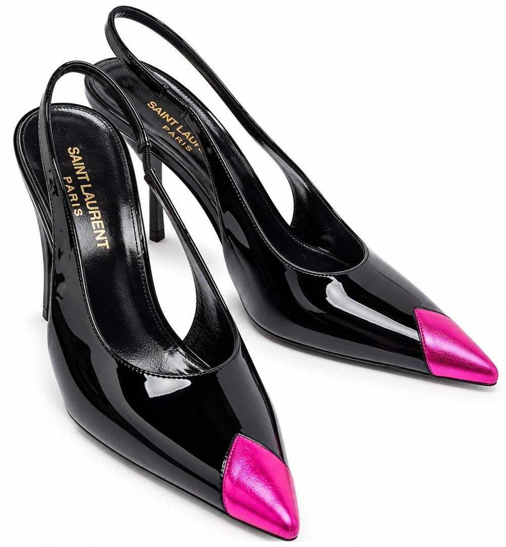 SAINT LAURENT PARIS BLACK PATENT LEATHER PINK TOE SLINGBACK HEELS 37 YSL BOX